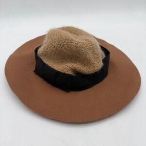 Anthropologie Bettina Boho Hat Wide Brim Wool Mohair Tan Beige Black Flat Bow